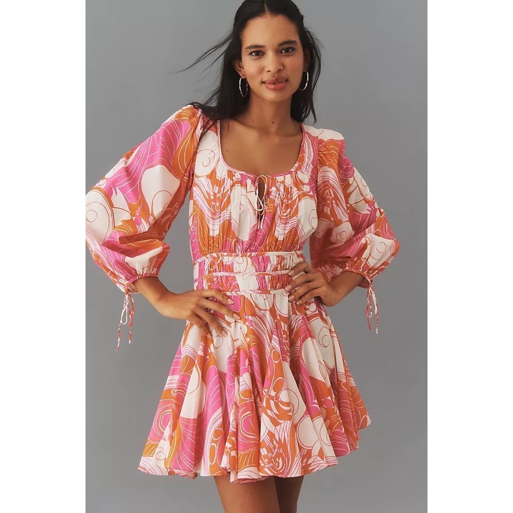 RHODE Leona Mini Dress Pink Orange Abstract Floral Organic Cotton Size S